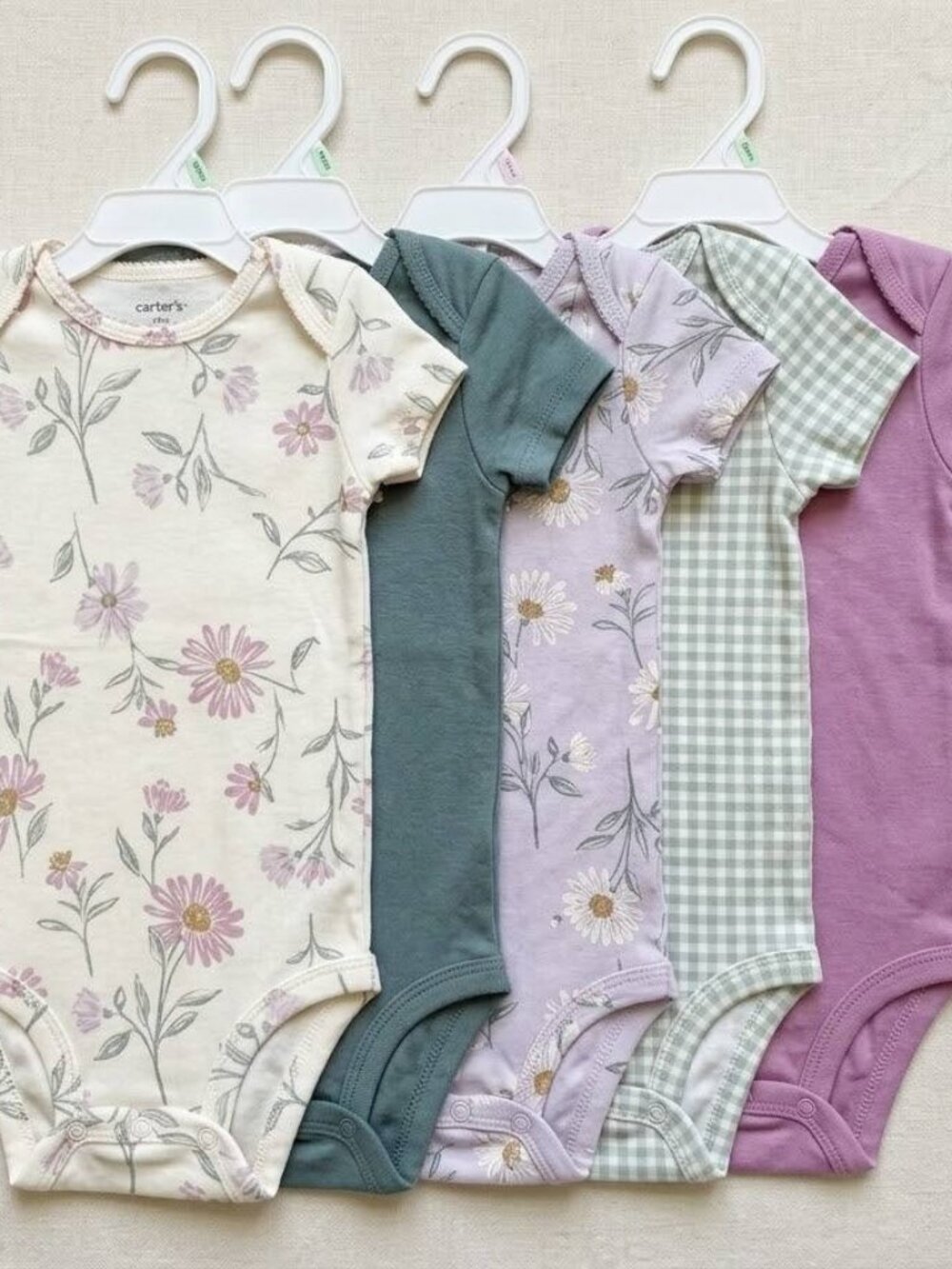 Carters Baby Girl 18M 5 Pack Bodysuits Floral Gingham Sage Purple Ivory NWT